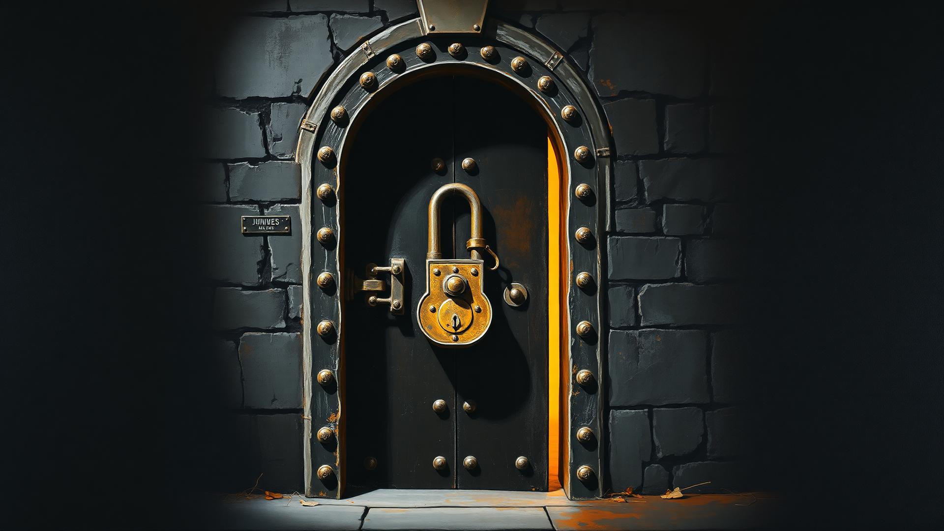 A locked iron door in a dark stone corridor with red light escaping around its edge